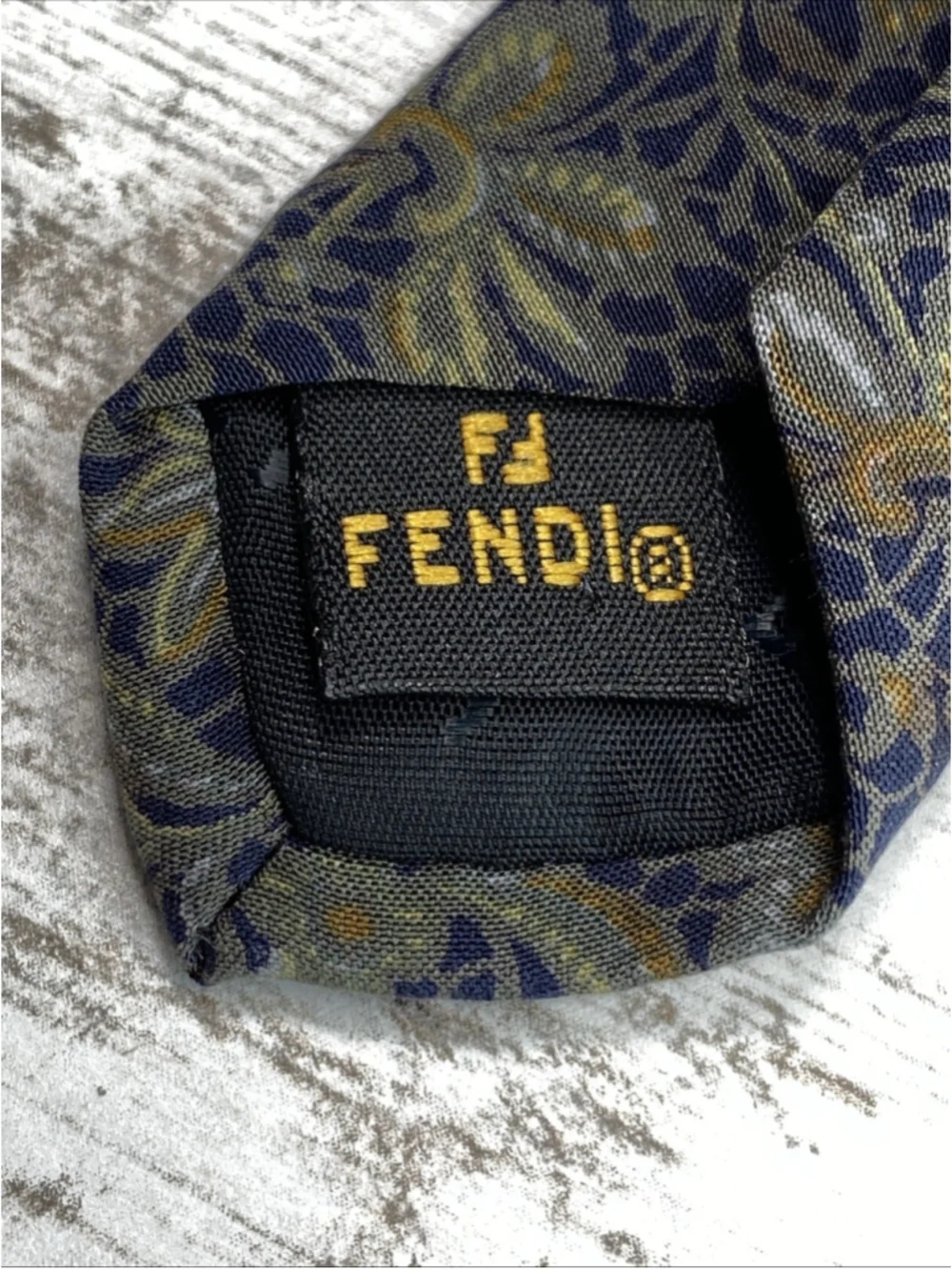 Vintage Fendi Cravatte Silk Tie Floral Navy Blue Gold Made in Italy 57” x 3.75”
